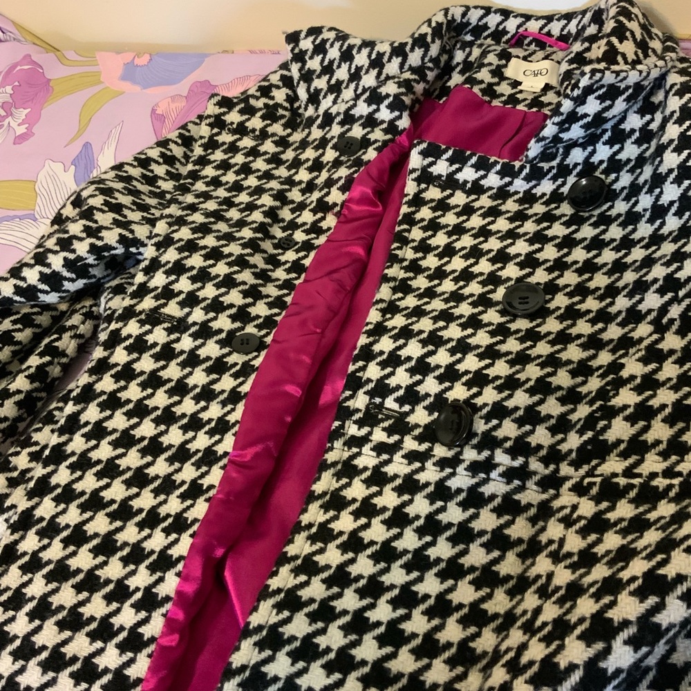 Like New Cato Wool Blend Geometric Pea Coat Herringbone Black/White - Picture 10 of 16